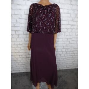 Jkara Wine Purple Chiffon Cowl Neck Beaded Cape Gown 12P NEW